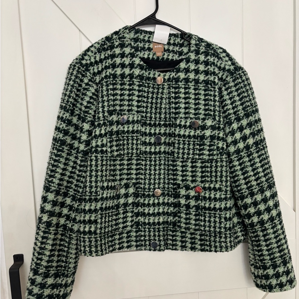 HUGO BOSS Janoa Houndstooth Crop Jacket In Court Green Fantasy